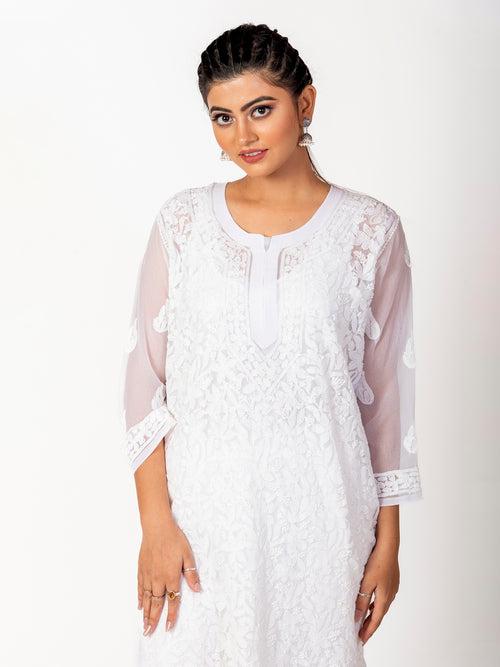 Hand Embroided Skin Friendly Semi Georgette Chikankari full jaal resham thread Kurti White Lucknow Chikan Emporium.