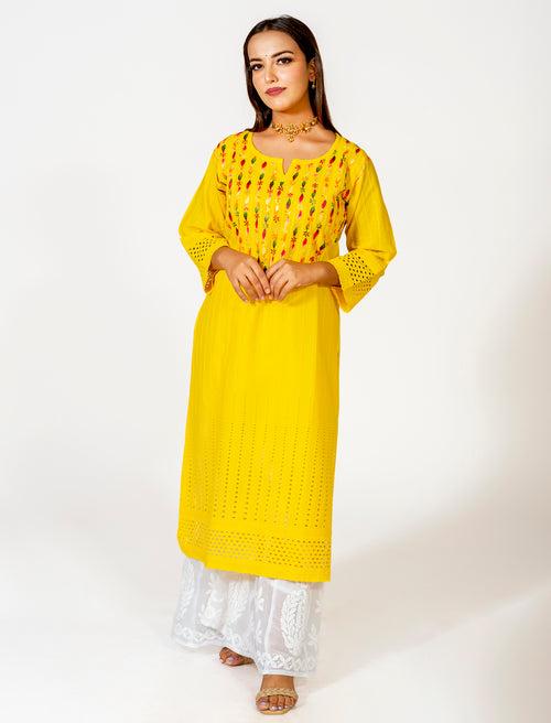 Yellow Hand Embroided Skin Friendly Cotton Chikankari Kurti Lucknow Chikan Emporium.