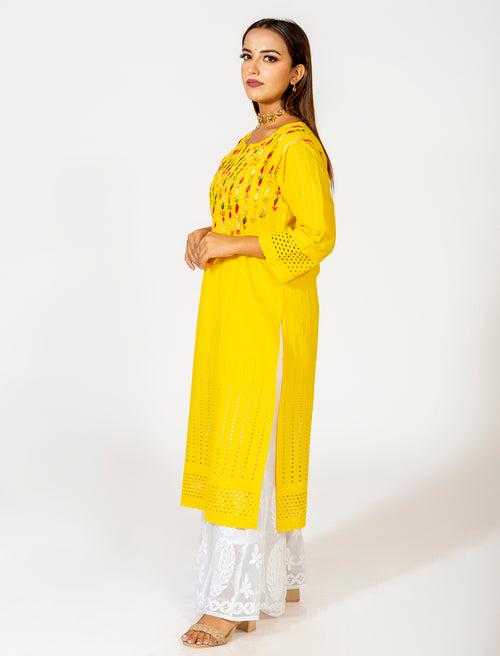 Yellow Hand Embroided Skin Friendly Cotton Chikankari Kurti Lucknow Chikan Emporium.