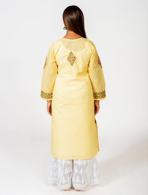 Yellow Hand Embroided Skin Friendly Polka Dot Cotton Chikankari Kurti Lucknow Chikan Emporium.