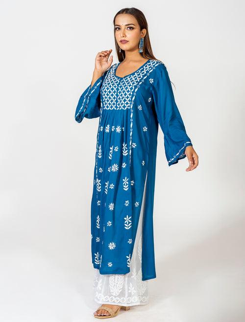 Lucknow Chikan Emporium Skin Friendly Cotton Chikankari Kurti Nice Blue Colour.