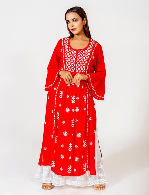 Lucknow Chikan Emporium Skin Friendly Cotton Chikankari Kurti Nice Red Colour.