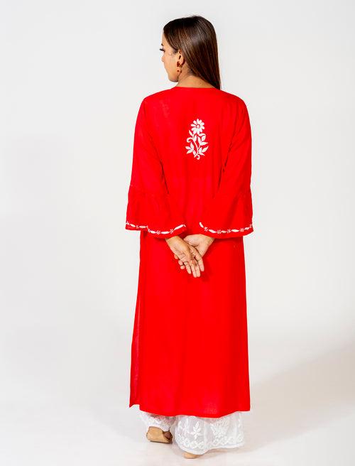 Lucknow Chikan Emporium Skin Friendly Cotton Chikankari Kurti Nice Red Colour.