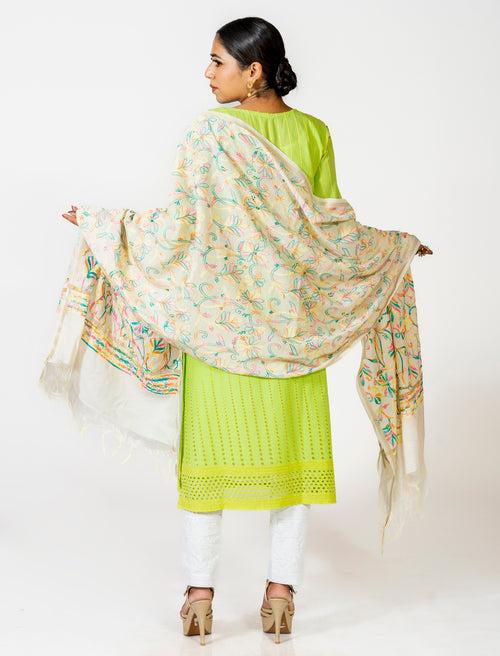 Lucknow Chikan Emporium Hand Embroided Chanderi Duppatta Light Yellow Colour.