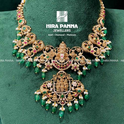 Swarovski 3D Venkateshwara & Ram Parivar Emerald Beads Necklace