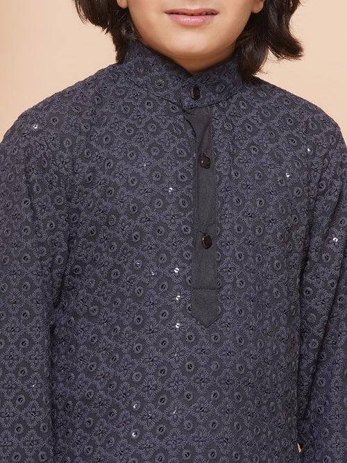 Boys Grey Schiffli Sequined Chikankari Mandarin Collar Kurta Salwar Set