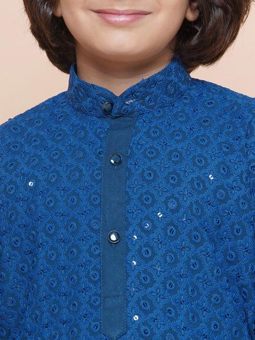 Boys Navy Blue Cotton Sequined Chikankari Kurta Pyjama Set