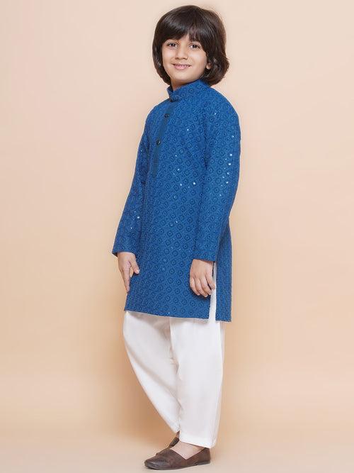 Boys Navy Blue Cotton Sequined Chikankari Kurta Pyjama Set