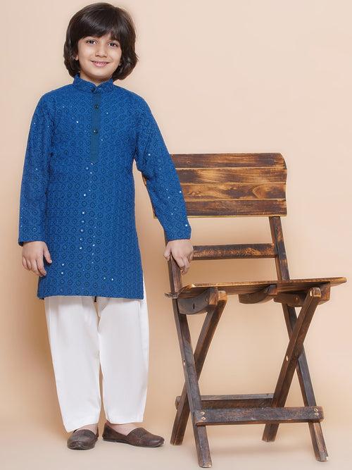 Boys Navy Blue Cotton Sequined Chikankari Kurta Pyjama Set