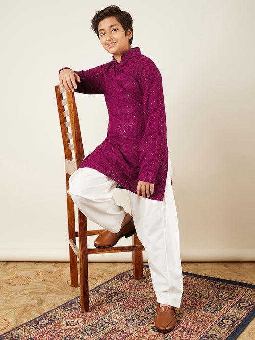 Boys Purple Schiffli Sequined Chikankari Mandarin Collar Kurta Salwar Set