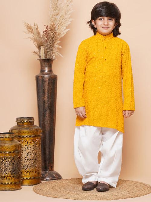 Boys Yellow Schiffli Sequined Chikankari Mandarin Collar Kurta Salwar Set