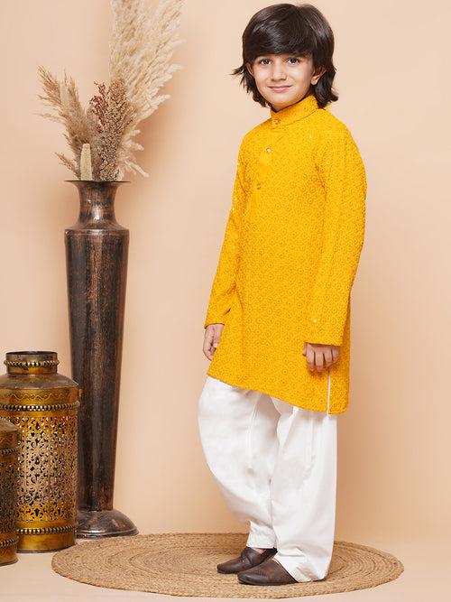 Boys Yellow Schiffli Sequined Chikankari Mandarin Collar Kurta Salwar Set