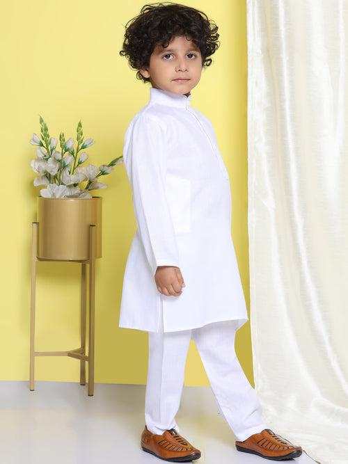 Boys White Cotton Solid Mandarin Collar Kurta Pyjama Set