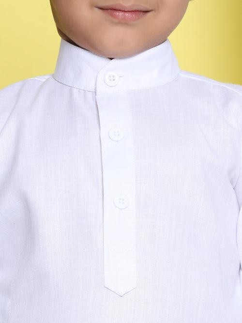 Boys White Cotton Solid Mandarin Collar Kurta Pyjama Set