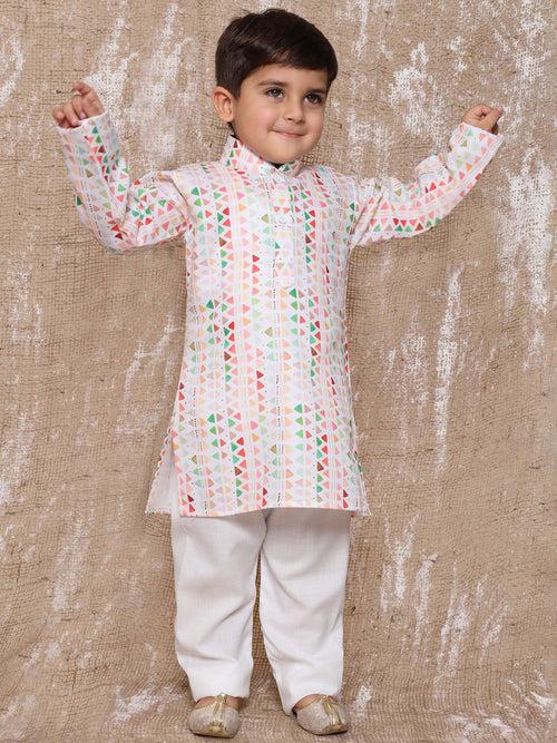 Boys Peach Cotton Printed Kurta Pyjama Set