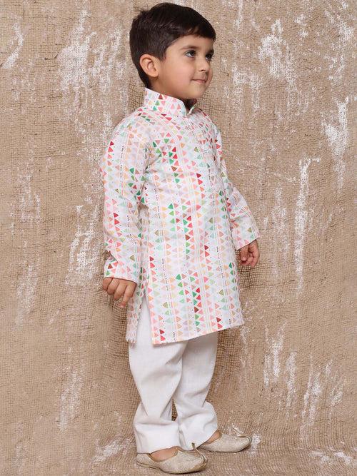 Boys Peach Cotton Printed Kurta Pyjama Set
