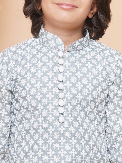 Boys Kids Grey Cotton Embroidery Kurta Set