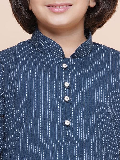 Boys Navy Blue Cotton Embroidery print full Sleeve kurta pyjama set