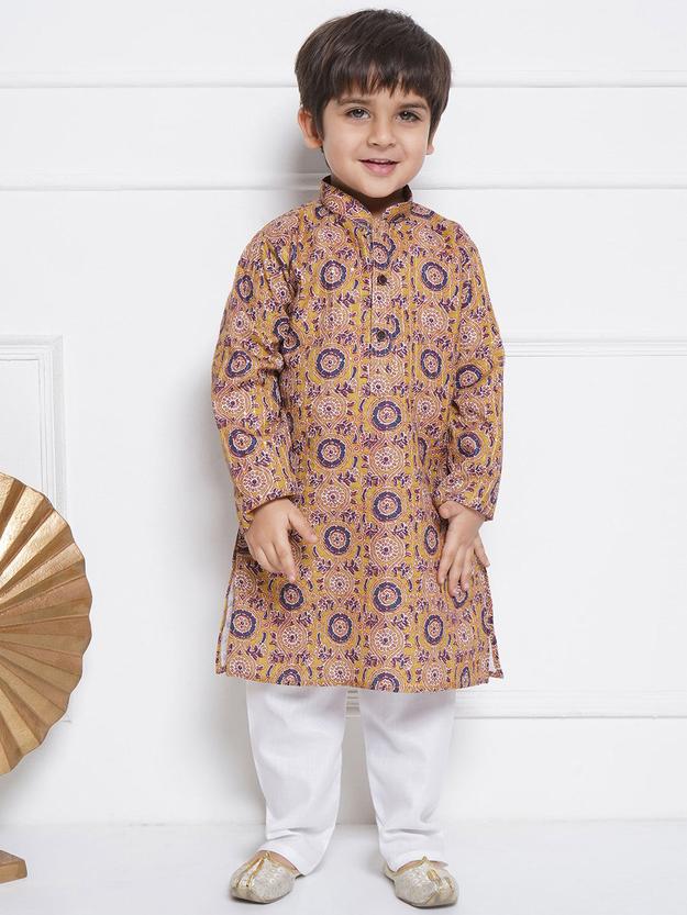 Kids Boys Green Embroidered Cotton Kurta Pyjama Set