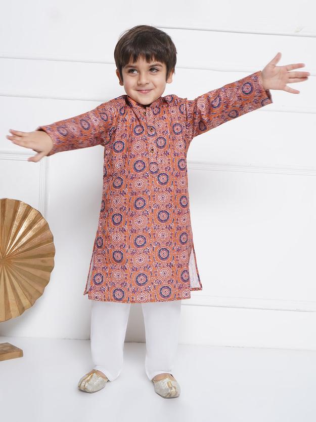 Kids Boys Orange Embroidered Cotton Kurta Pyjama Set