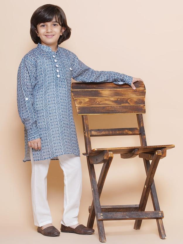 Kids Boys Blue Printed Cotton Kurta Pyjama Set