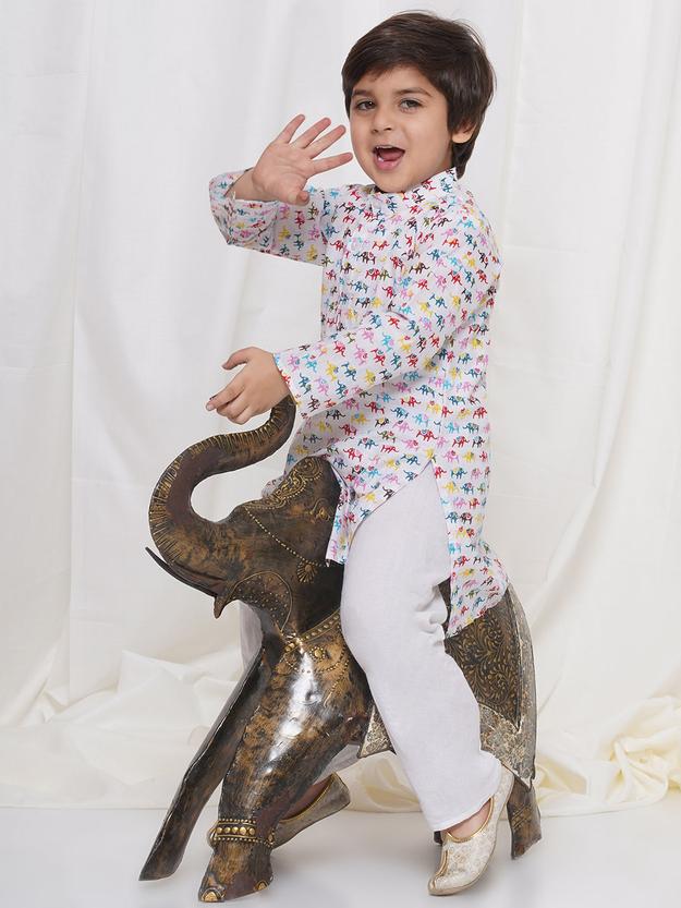 Kids Boys Cream Animal Print Cotton Kurta Pyjama Set