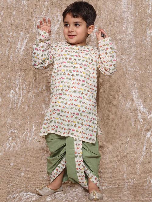 Kids Animal Print Pure Cotton Green Dhoti Kurta Set For Boys