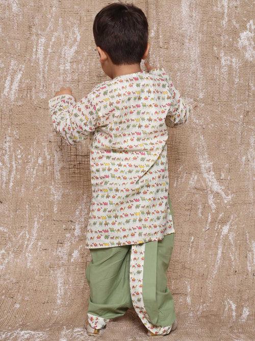 Kids Animal Print Pure Cotton Green Dhoti Kurta Set For Boys