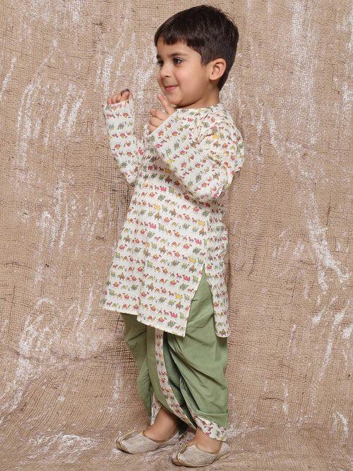 Kids Animal Print Pure Cotton Green Dhoti Kurta Set For Boys