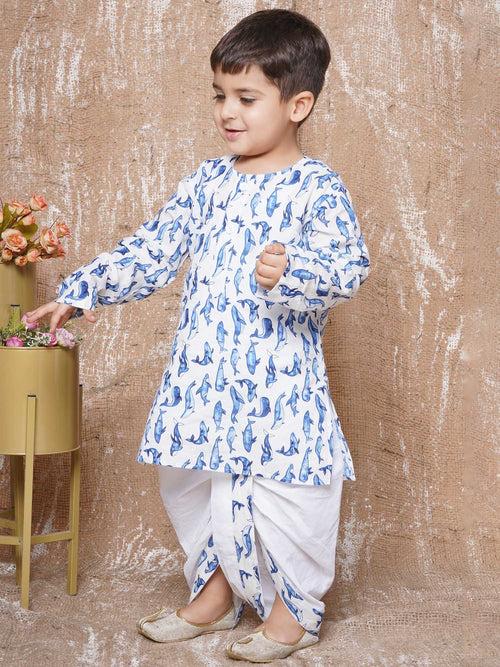 Kids Animal Print Pure Cotton Blue Dhoti Kurta Set For Boys