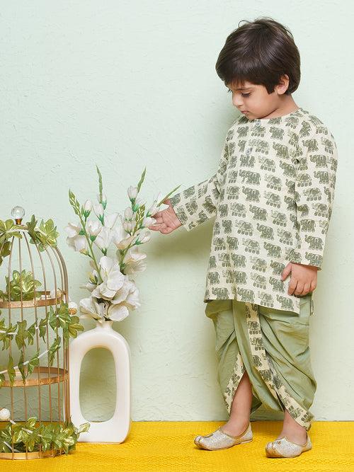 Kids Animal Print Pure Cotton Green Dhoti Kurta Set For Boys