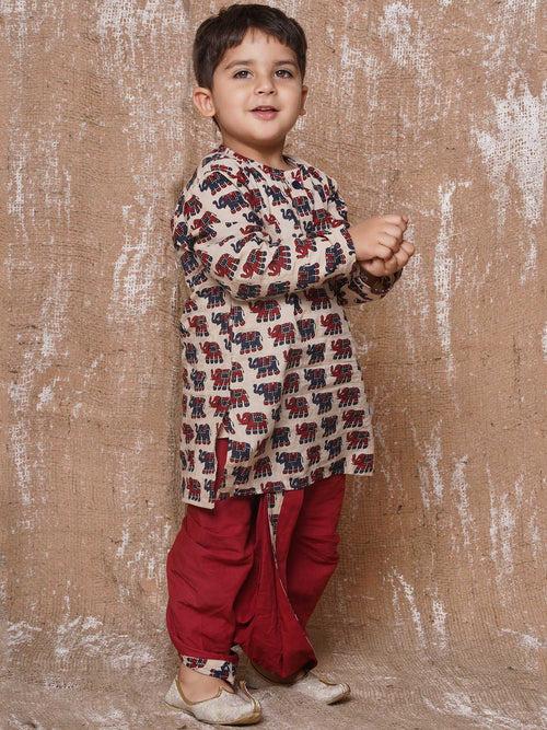 Kids Animal Print Pure Cotton Maroon Dhoti Kurta Set For Boys