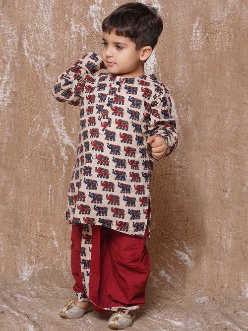 Kids Animal Print Pure Cotton Maroon Dhoti Kurta Set For Boys