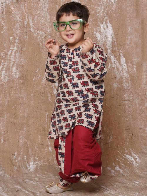 Kids Animal Print Pure Cotton Maroon Dhoti Kurta Set For Boys