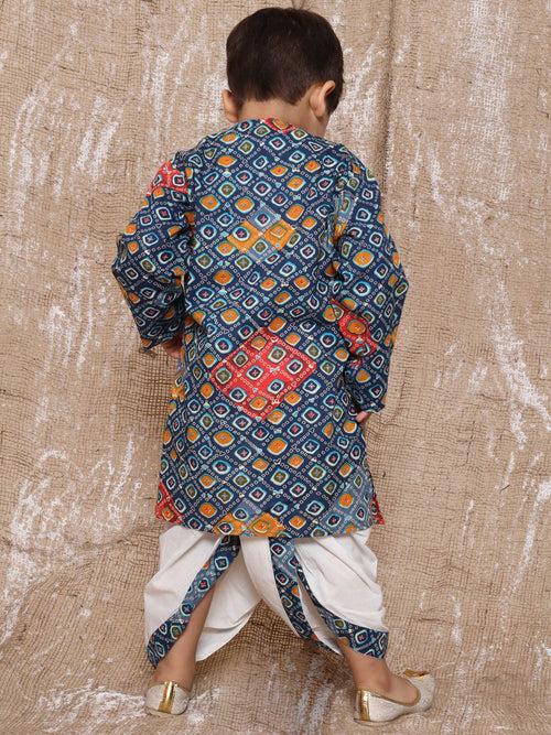 Kids Bandhani Print Pure Cotton Blue Dhoti Kurta Set For Boys