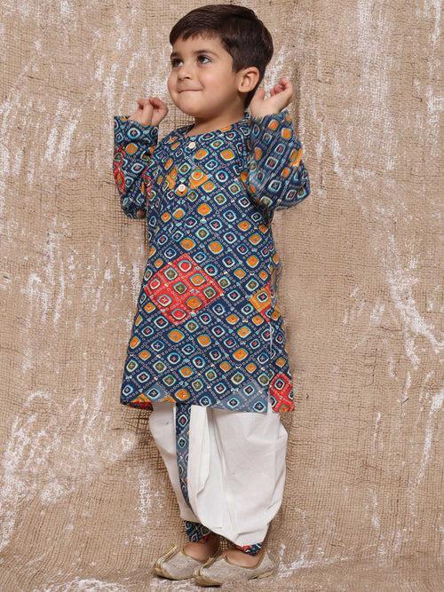 Kids Bandhani Print Pure Cotton Blue Dhoti Kurta Set For Boys