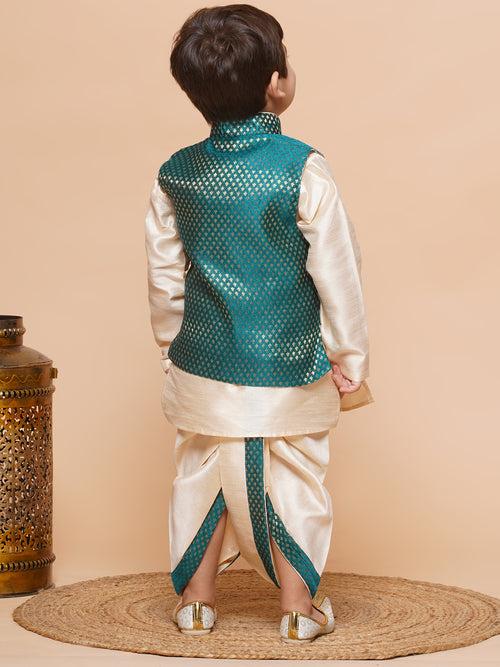 Kids Green Raw Silk Dhoti Kurta Set For Boys With Waistcoat