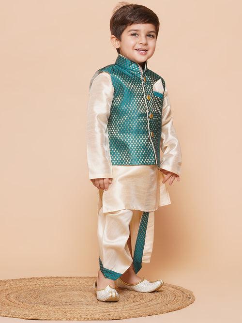 Kids Green Raw Silk Dhoti Kurta Set For Boys With Waistcoat