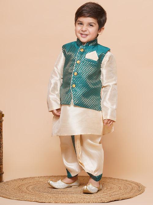 Kids Green Raw Silk Dhoti Kurta Set For Boys With Waistcoat