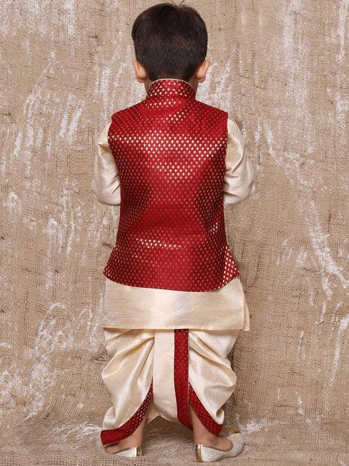 Kids Maroon Raw Silk Dhoti Kurta Set For Boys With Waistcoat