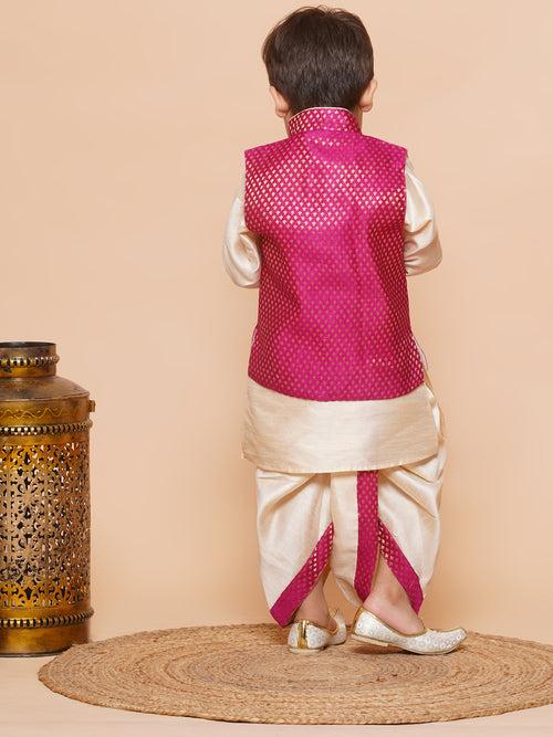 Kids Pink Raw Silk Dhoti Kurta Set For Boys With Waistcoat