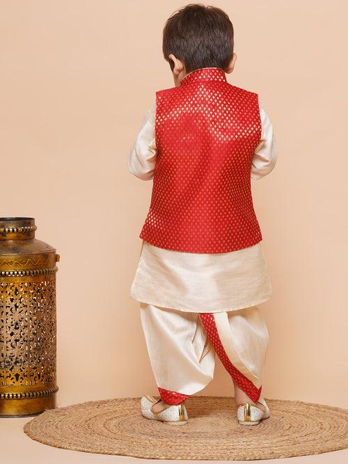 Kids Red Raw Silk Dhoti Kurta Set For Boys With Waistcoat