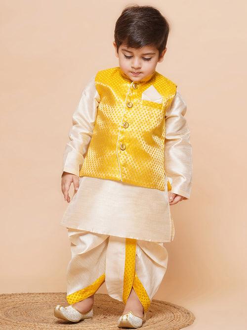 Kids Yellow Raw Silk Dhoti Kurta Set For Boys With Waistcoat