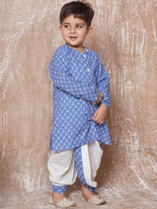 Kids Floral Print Pure Cotton Blue Dhoti Kurta Set For Boys