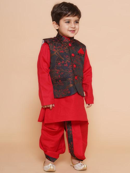 Kids Cotton Printed Red Dhoti Kurta Set For Boys With Waistcoat