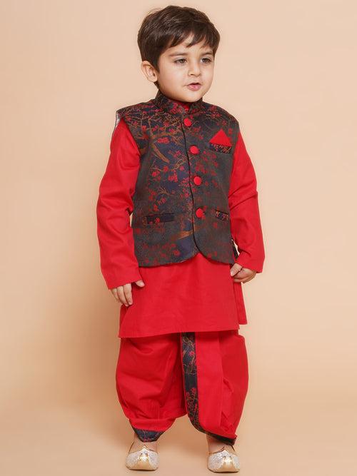 Kids Cotton Printed Red Dhoti Kurta Set For Boys With Waistcoat