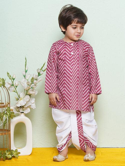 Kids Cotton Printed Maroon Dhoti Kurta Set For Boys