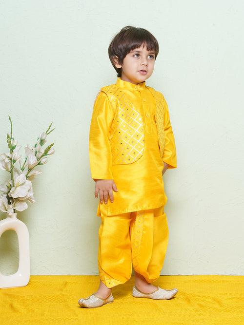 Cotton Blend Kids Mustard Kurta Dhoti Waistcoat Set For Boys