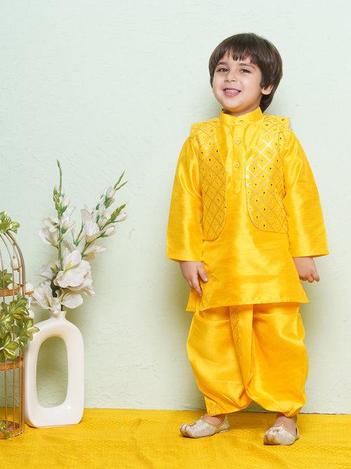 Cotton Blend Kids Mustard Kurta Dhoti Waistcoat Set For Boys
