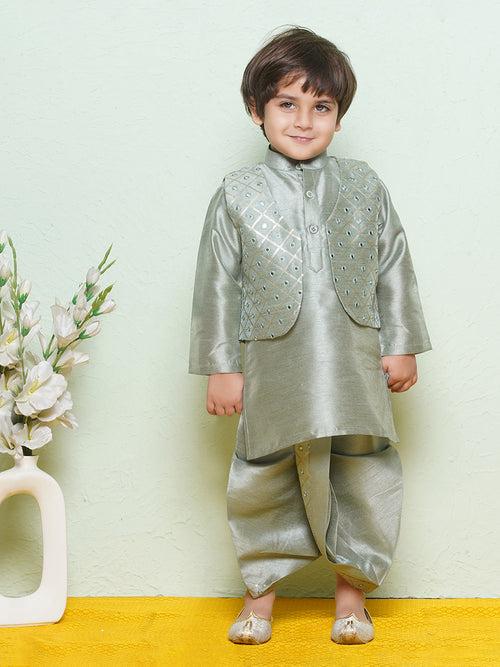 Boys Cotton Blend Kids Pista Kurta Dhoti Waistcoat Set